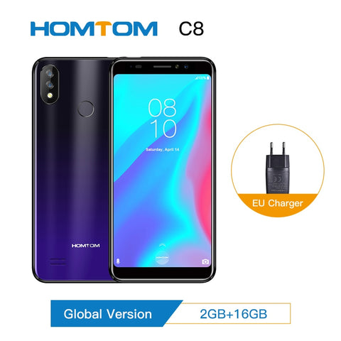 HOMTOM C8 Mobile Phone 5.5"18:9 Full Display Android 8.1 MT6739 Quad Core 2GB+16GB Smartphone Face Unlock Fingerprint ID 4G FDD