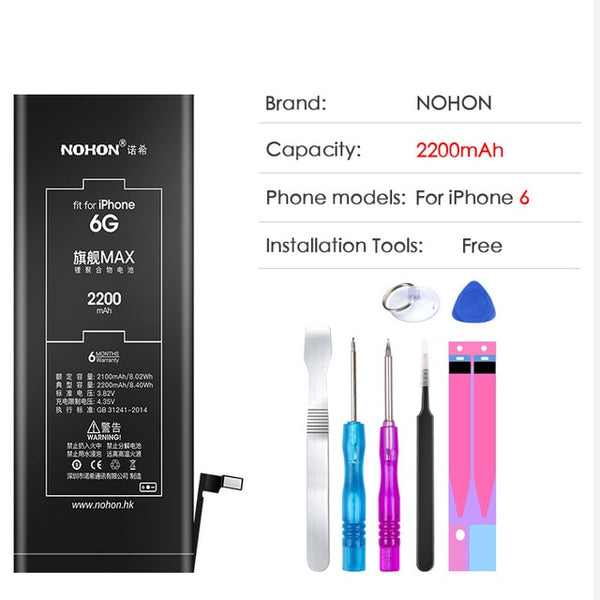 NOHON Lithium Battery For Apple iPhone 6S 6 7 5S 5 Replacement Batteries Internal Phone Bateria 2060mAh 2265mAh + Free Tools