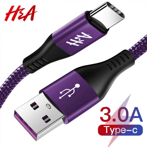 H&A 3A Type C USB Cable 1m 1.5m 2m Fast Charging Nylon USB Sync Data Mobile Phone Android Type-C Charger Cable for Samsung Cable