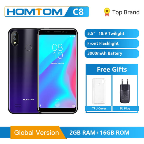 Original Global HOMTOM C8 Mobile Phone 5.5" Android 8.1 MT6739 Quad Core 2GB 16GB Smartphone Face Unlock Fingerprint ID 4G FDD