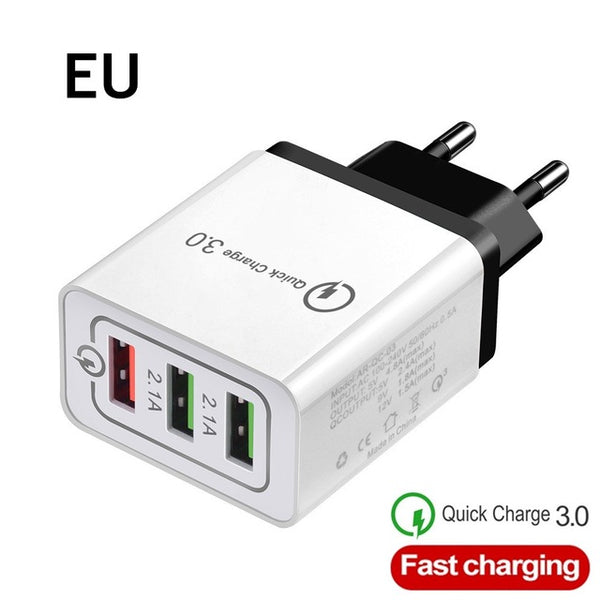 Good 3 Ports Fast USB Charger Cable/Phone Quick Charger 3.0 5V/3A EU/US Plug Wall Charger For Samsung Apple iphone Xiaomi Huawei