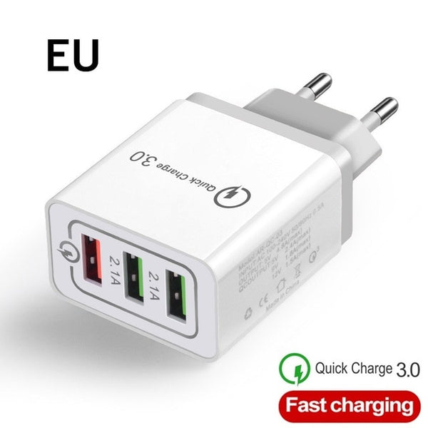 Good 3 Ports Fast USB Charger Cable/Phone Quick Charger 3.0 5V/3A EU/US Plug Wall Charger For Samsung Apple iphone Xiaomi Huawei