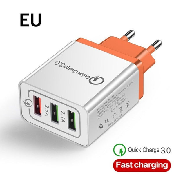 Good 3 Ports Fast USB Charger Cable/Phone Quick Charger 3.0 5V/3A EU/US Plug Wall Charger For Samsung Apple iphone Xiaomi Huawei