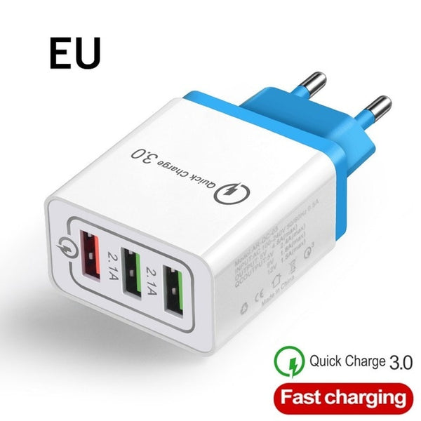 Good 3 Ports Fast USB Charger Cable/Phone Quick Charger 3.0 5V/3A EU/US Plug Wall Charger For Samsung Apple iphone Xiaomi Huawei