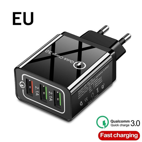 Good 3 Ports Fast USB Charger Cable/Phone Quick Charger 3.0 5V/3A EU/US Plug Wall Charger For Samsung Apple iphone Xiaomi Huawei