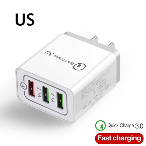 Good 3 Ports Fast USB Charger Cable/Phone Quick Charger 3.0 5V/3A EU/US Plug Wall Charger For Samsung Apple iphone Xiaomi Huawei