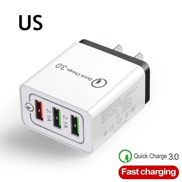 Good 3 Ports Fast USB Charger Cable/Phone Quick Charger 3.0 5V/3A EU/US Plug Wall Charger For Samsung Apple iphone Xiaomi Huawei