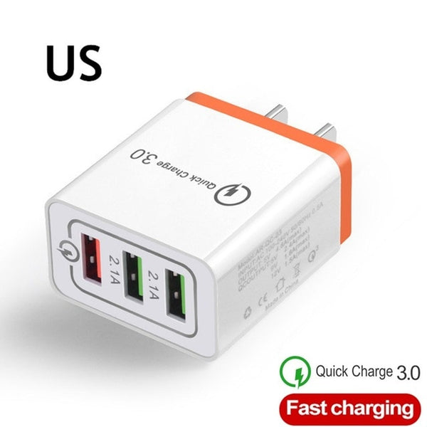 Good 3 Ports Fast USB Charger Cable/Phone Quick Charger 3.0 5V/3A EU/US Plug Wall Charger For Samsung Apple iphone Xiaomi Huawei