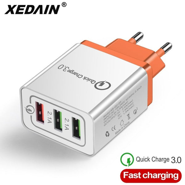 3 Ports USB Fast Charger Cable/Phone Quick Charger 3.0 5V/3A EU/US/Plug Wall Charger For Samsung Apple iphone Sony Xiaomi Huawei