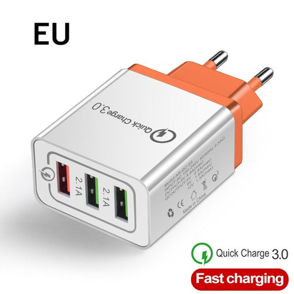 3 Ports USB Fast Charger Cable/Phone Quick Charger 3.0 5V/3A EU/US/Plug Wall Charger For Samsung Apple iphone Sony Xiaomi Huawei