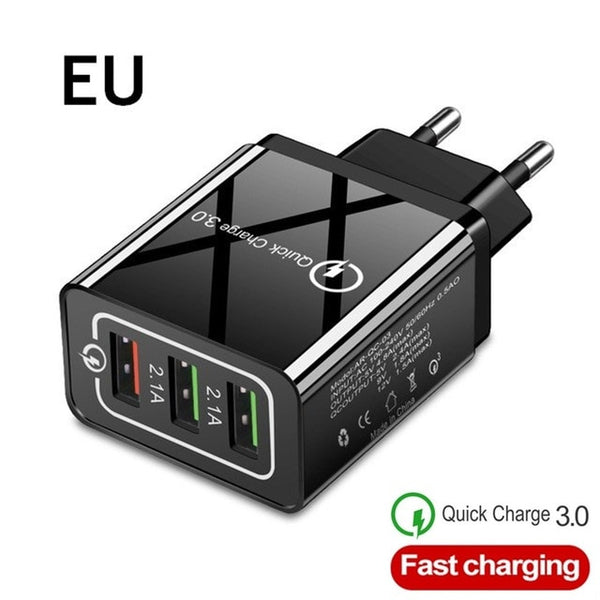 3 Ports USB Fast Charger Cable/Phone Quick Charger 3.0 5V/3A EU/US/Plug Wall Charger For Samsung Apple iphone Sony Xiaomi Huawei