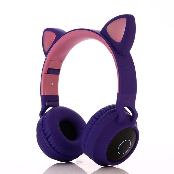 Cute Cat Ear Bluetooth 5.0 Headphones Foldable On-Ear Stereo Wireless Headset with Mic LED Light FM Radio/TF Card Headphone r60