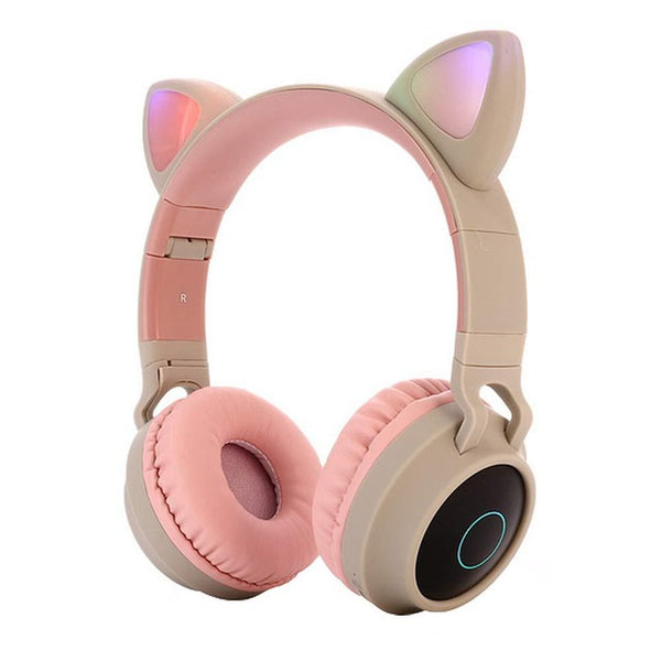 Cute Cat Ear Bluetooth 5.0 Headphones Foldable On-Ear Stereo Wireless Headset with Mic LED Light FM Radio/TF Card Headphone r60