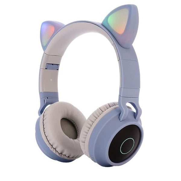 Cute Cat Ear Bluetooth 5.0 Headphones Foldable On-Ear Stereo Wireless Headset with Mic LED Light FM Radio/TF Card Headphone r60