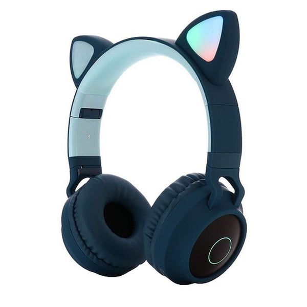 Cute Cat Ear Bluetooth 5.0 Headphones Foldable On-Ear Stereo Wireless Headset with Mic LED Light FM Radio/TF Card Headphone r60