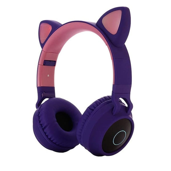 Cute Cat Ear Bluetooth 5.0 Headphones Foldable On-Ear Stereo Wireless Headset with Mic LED Light FM Radio/TF Card Headphone r60