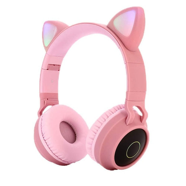 Cute Cat Ear Bluetooth 5.0 Headphones Foldable On-Ear Stereo Wireless Headset with Mic LED Light FM Radio/TF Card Headphone r60