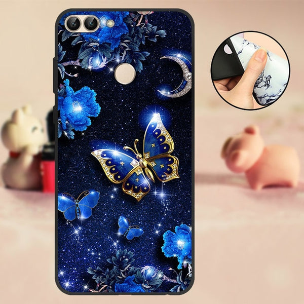 For Huawei P Smart Case Cover Bumper 5.65" For Huawei P Smart Phone Case 2018 TPU Black Soft Silicone Case FIG-LX1 Back Flowers