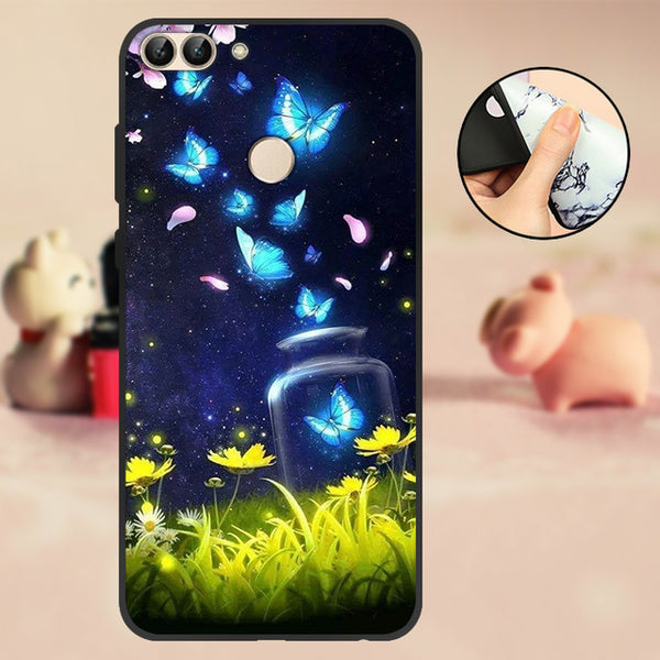 For Huawei P Smart Case Cover Bumper 5.65" For Huawei P Smart Phone Case 2018 TPU Black Soft Silicone Case FIG-LX1 Back Flowers