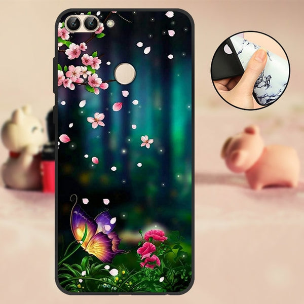 For Huawei P Smart Case Cover Bumper 5.65" For Huawei P Smart Phone Case 2018 TPU Black Soft Silicone Case FIG-LX1 Back Flowers