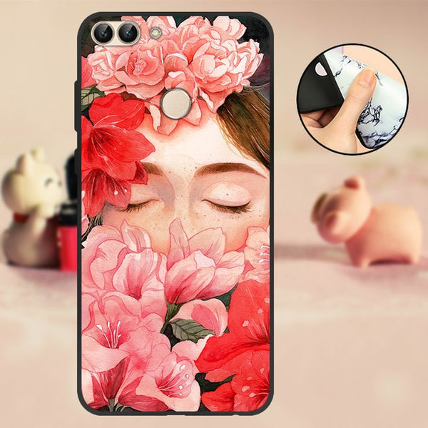 For Huawei P Smart Case Cover Bumper 5.65" For Huawei P Smart Phone Case 2018 TPU Black Soft Silicone Case FIG-LX1 Back Flowers