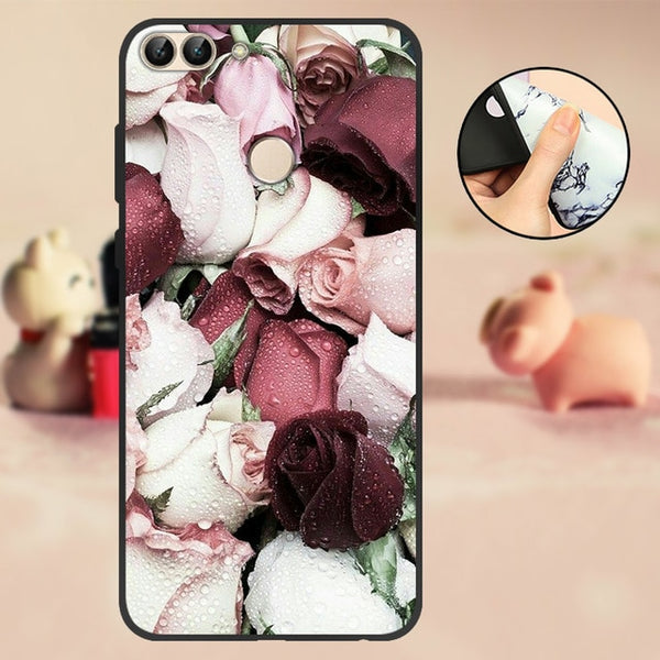 For Huawei P Smart Case Cover Bumper 5.65" For Huawei P Smart Phone Case 2018 TPU Black Soft Silicone Case FIG-LX1 Back Flowers