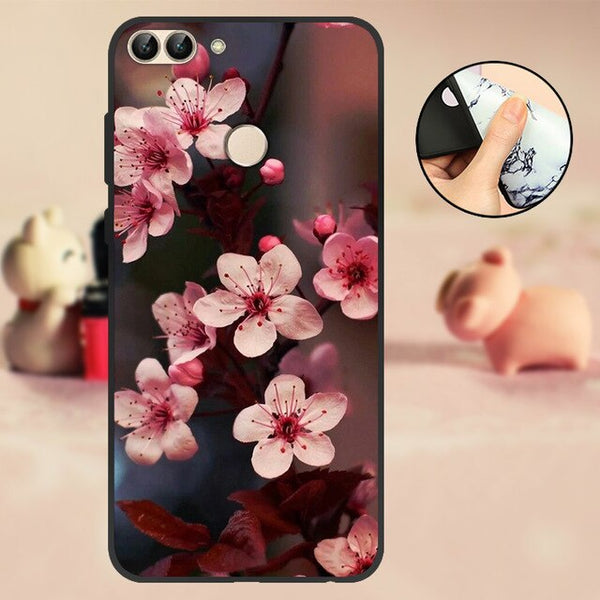 For Huawei P Smart Case Cover Bumper 5.65" For Huawei P Smart Phone Case 2018 TPU Black Soft Silicone Case FIG-LX1 Back Flowers