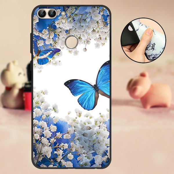 For Huawei P Smart Case Cover Bumper 5.65" For Huawei P Smart Phone Case 2018 TPU Black Soft Silicone Case FIG-LX1 Back Flowers