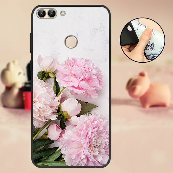 For Huawei P Smart Case Cover Bumper 5.65" For Huawei P Smart Phone Case 2018 TPU Black Soft Silicone Case FIG-LX1 Back Flowers