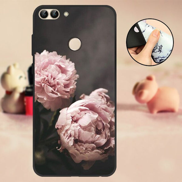 For Huawei P Smart Case Cover Bumper 5.65" For Huawei P Smart Phone Case 2018 TPU Black Soft Silicone Case FIG-LX1 Back Flowers