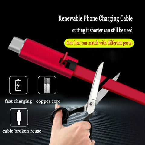 Adjustable USB Cable Renewable Phone Charging Cable for iPhone Cutting Quickly Repair Android Type C Mobile Phone Reusable Line