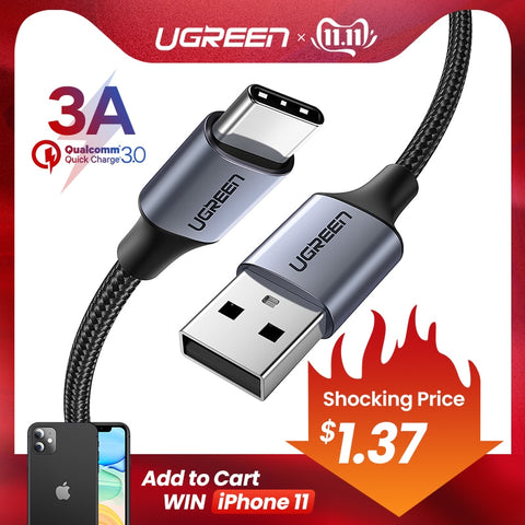 Ugreen USB Type C Cable for Samsung S9 S8 Fast Charge Type-C Mobile Phone Charging Wire USB C Cable for Xiaomi mi9 Redmi note 7