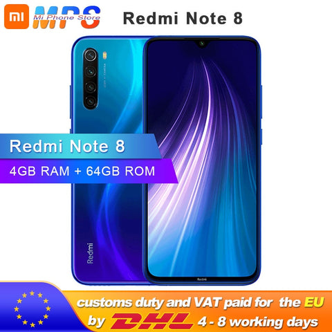 Global ROM Xiaomi Redmi Note 8 4GB 64GB Smartphone Snapdragon  665 Octa Core  6.3” 48MP  Rear Camera 4000mAh Support 18W Phone