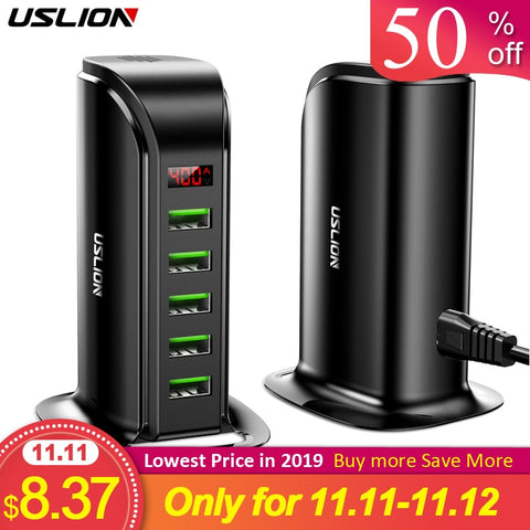 USLION 5 Port USB Charger HUB LED Display Multi USB Charging Station Dock Universal Mobile Phone Desktop Wall Home EU UK Plug