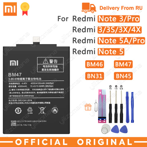 Xiao Mi Original Phone Battery BM47 For Xiaomi Redmi 3 3S 3X 4X 3 pro Note 3 5 5A Pro Mi 5X BM46 BN31 BN45 Replacement Batteries
