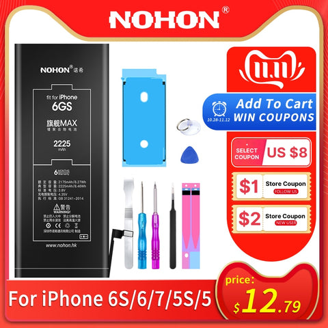NOHON Lithium Battery For Apple iPhone 6S 6 7 5S 5 Replacement Batteries Internal Phone Bateria 2060mAh 2265mAh + Free Tools