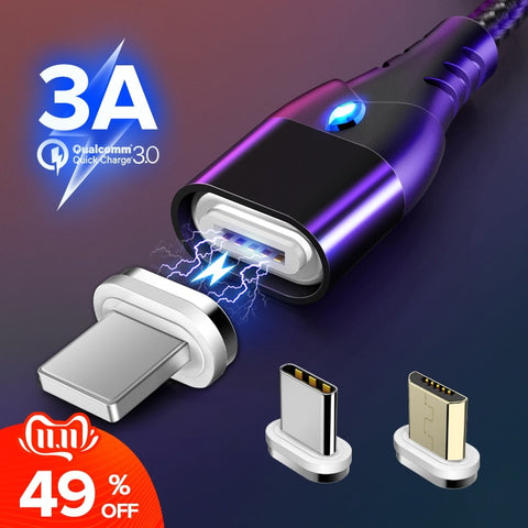 GETIHU 2m Magnetic Cable Fast 3A For iPhone XS Samsung Charger Quick Charge 3.0 Micro USB Type C Magnet Phone Charging Data Cord