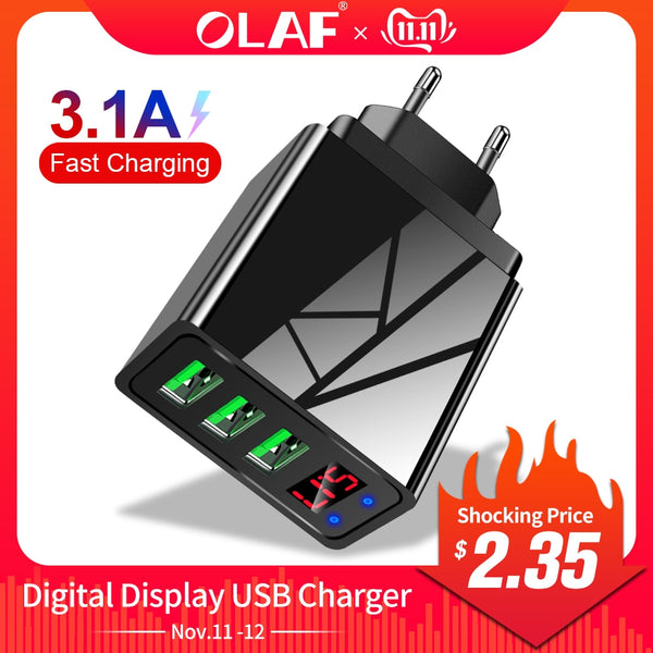 OLAF 5V 3.1A Digital Display USB Charger For iPhone Charger 3 USB Fast Charging Wall Phone Charger For iPhone Samsung Xiaomi