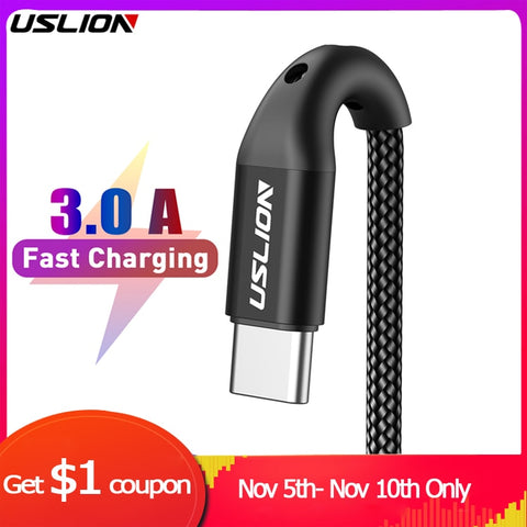 USLION 3A USB Type C Cable Fast Charging Wire for Samsung Galaxy S8 S9 Plus Xiaomi mi9 Huawei Mobile Phone USB C Charger Cable