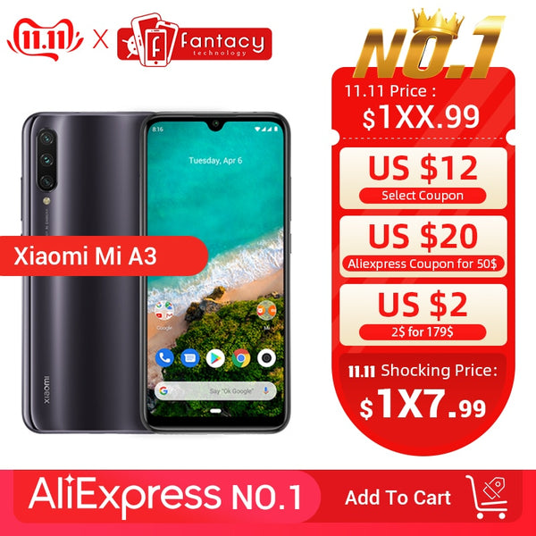 Global Version Xiaomi Mi A3 MiA3 4GB 64GB Mobile Phone Snapdragon 665 48MP Triple Cameras 32MP Front Camera 6.088 AMOLED Display