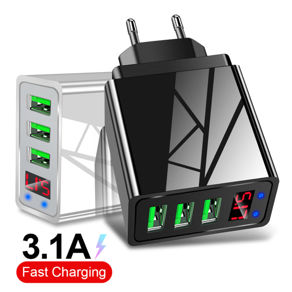 Lovebay USB Charger Quick Charge 3.1A EU US 3 Ports LED Display Adapter Wall Mobile Phone Charger for iPhone 11 XS Fast Charging