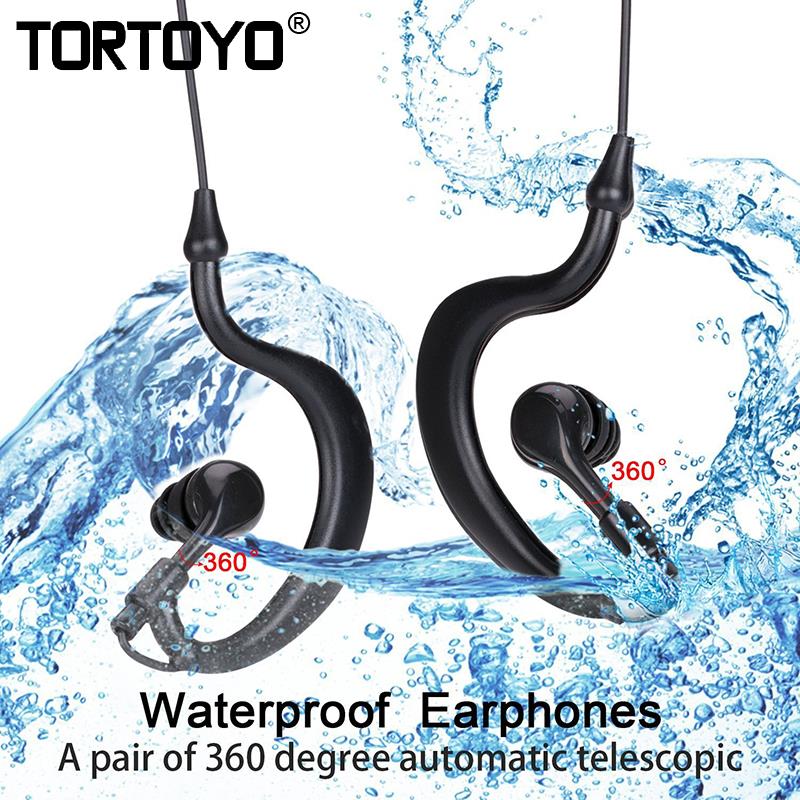 TORTOYO Professional Waterproof Sports Wired Earphone 3.5mm In Ear Hook Stereo Headphone for Swimming Earphones Diving Headset