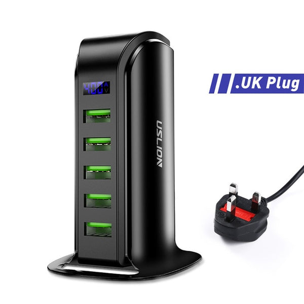 USLION 5 Port USB Charger HUB LED Display Multi USB Charging Station Dock Universal Mobile Phone Desktop Wall Home EU UK Plug