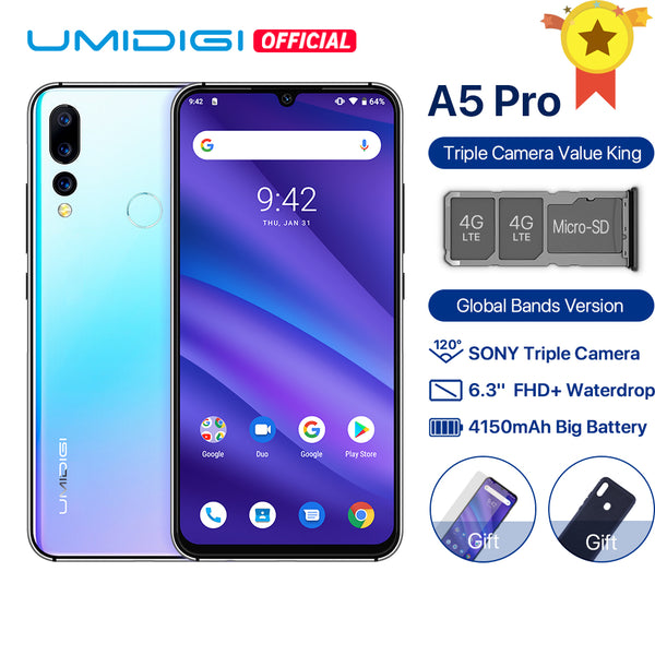 UMIDIGI A5 PRO Android 9.0 Global Bands 16MP Triple Camera Octa Core 6.3' FHD+ Waterdrop Screen 4150mAh 4GB+32GB Mobile Phone