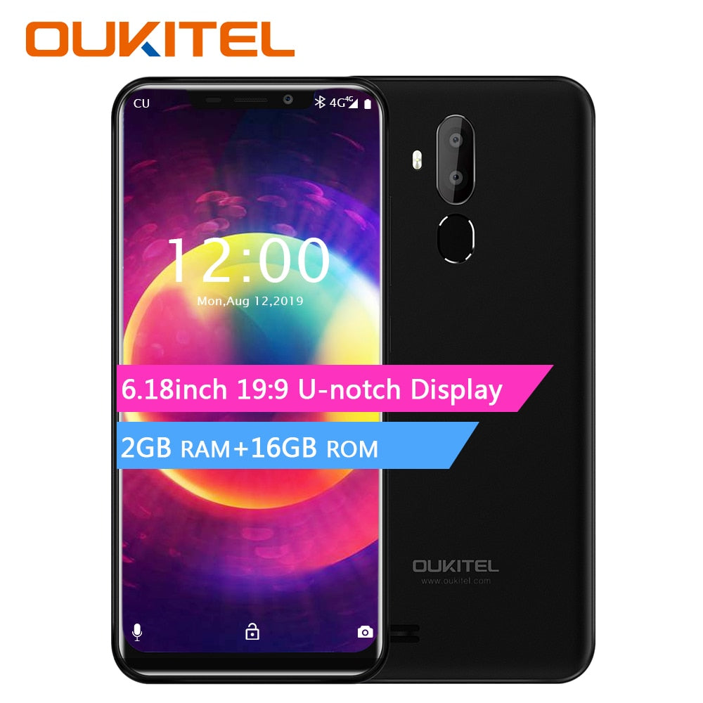 OUKITEL C12 3G Smartphone 6.18" Android 8.1 MT6580 Quad Core 1.3GHz 2GB+16GB 8MP+0.3MP Face ID Press Fingerprint Mobile Phone