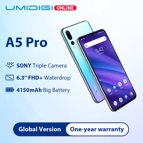 UMIDIGI A5 PRO Global Bands  16MP Triple Camera  Android 9.0 Octa Core 6.3' FHD+ Waterdrop Screen 4150mAh 4GB+32GB Mobile Phone